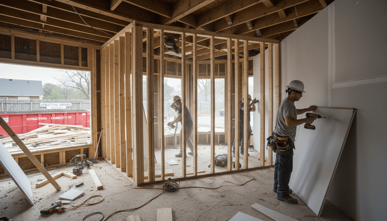 Structural repair and rebuild work in progress on a fire-damaged Charlotte home
