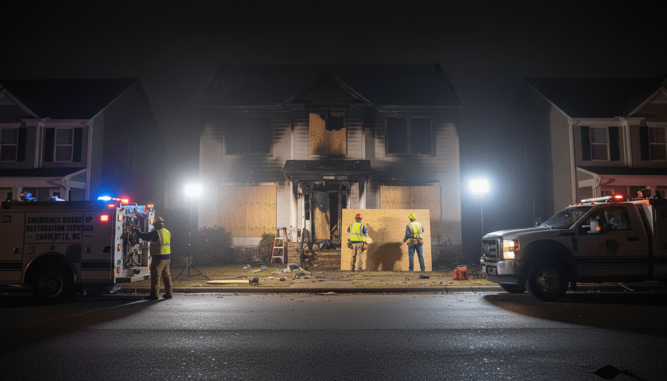 Emergency board-up crew securing a fire-damaged property in Charlotte