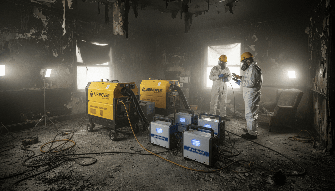 Air purification and odor removal equipment operating inside a Charlotte home after fire damage