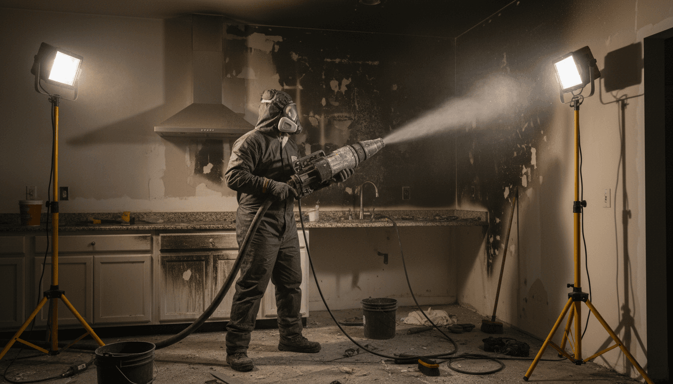 Technician performing professional smoke and soot cleanup in a Charlotte home