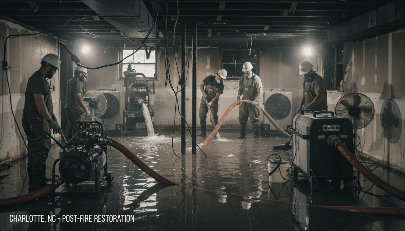 Water extraction equipment removing firefighting water from a Charlotte property